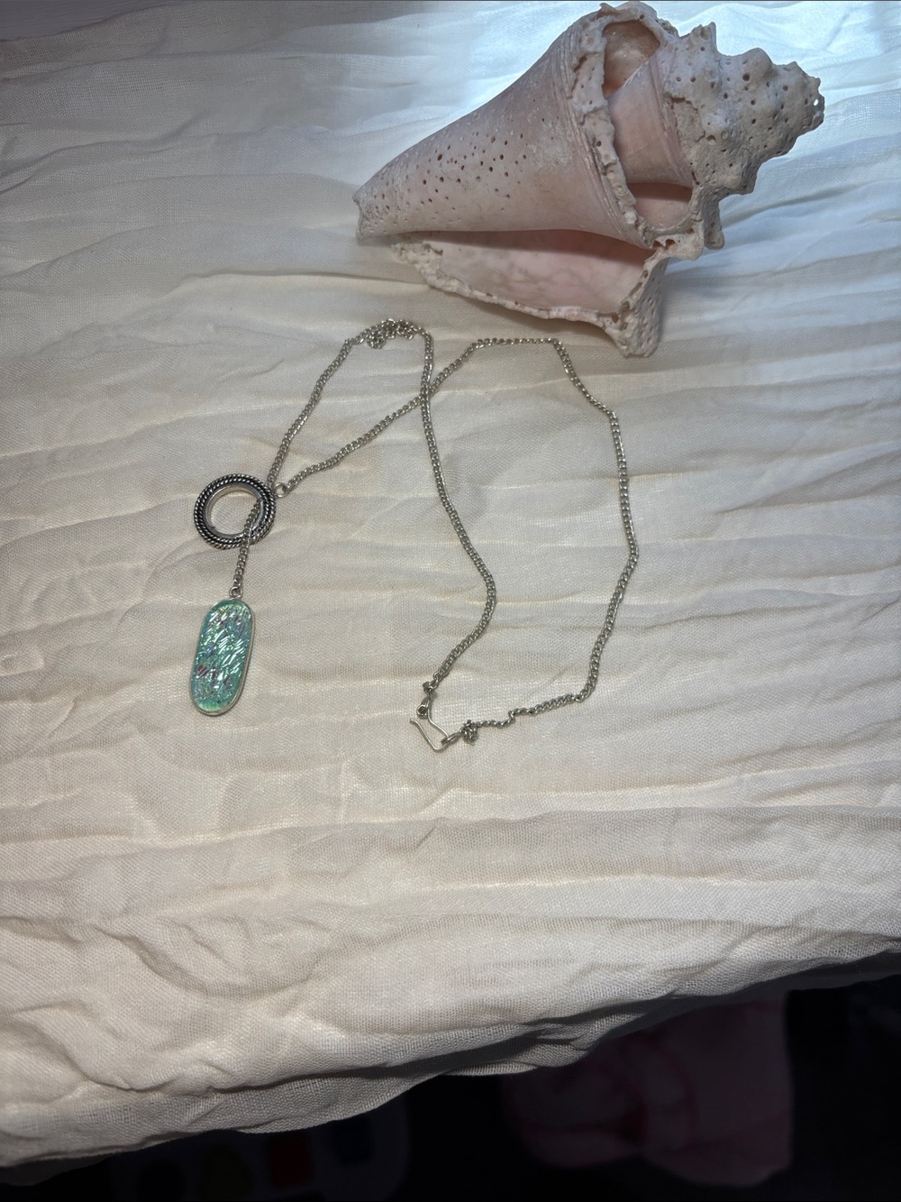 925 Silver Pendant Necklace with Iridescent Dichroic Aqua Inlay